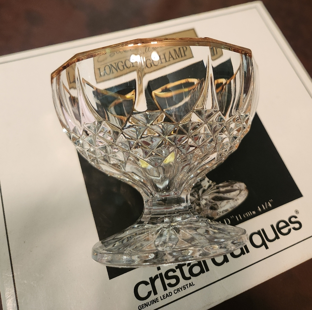 4 Vintage LONGCHAMP Gold Rim Cristal Glass SET